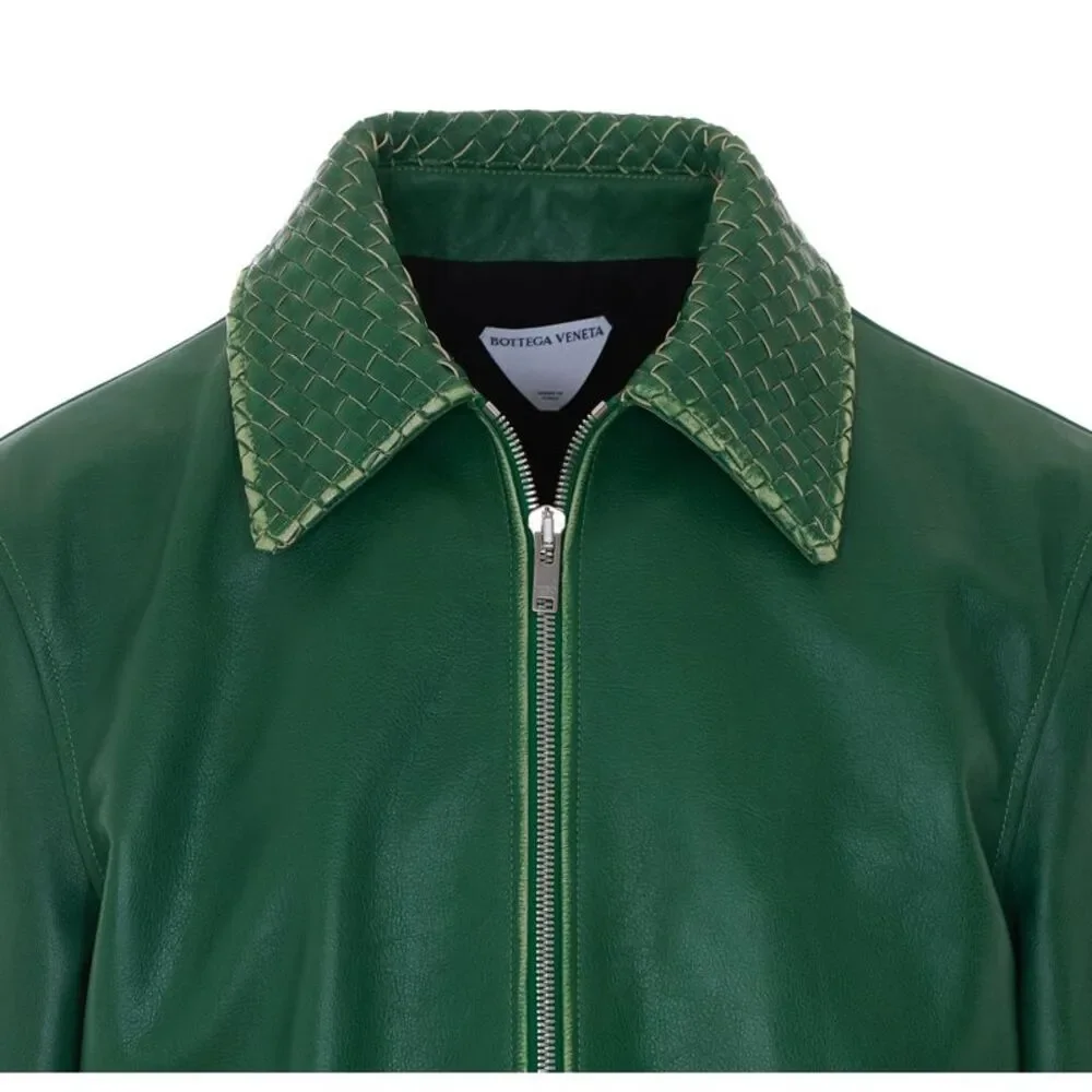 Bottega Veneta Men Leather Jacket With Intrecciato Collar